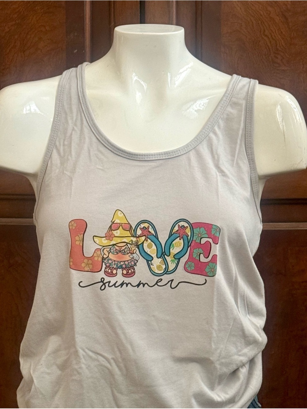 Summer Love Graphic Racerback Tank Top | Women’s Size L | Beach Theme | Gray